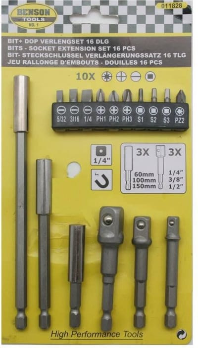 Benson Bit verlenger set - 60, 100 en 150 mm - 16 delig - chroom vanadiumstaal - magnetisch