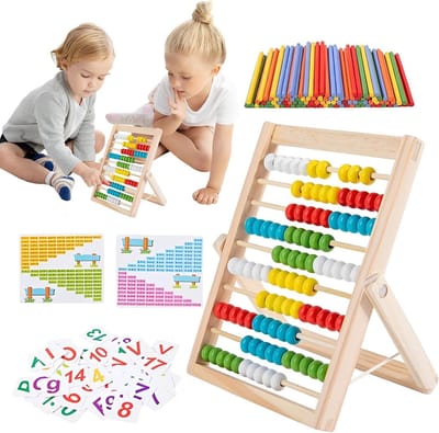 Houten Telraam - Rekenhulp Kinderen - Leren Tellen - Stevig Houten Frame - 23.7 x 19.4 x 5.2 cm - Multicolor