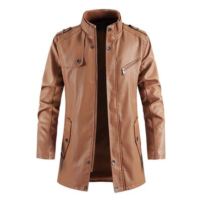 Veste en Cuir PU Homme Coupe Slim - Style Mi-Long, Vêtement d'Extérieur Décontracté avec Fermeture Éclair & Col Montant XXL kaki