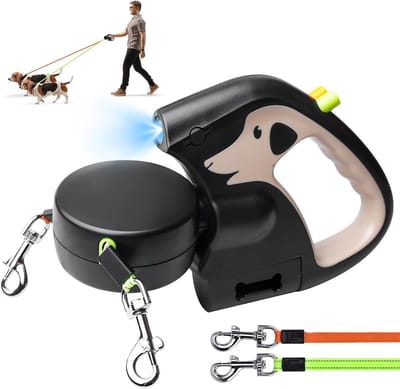 intrekbare hondenriem, hondenriem met licht, 3 m, uittrekbare lijn met comfortabele ergonomische handgreep, uittrekbare lijn voor twee honden, bruin