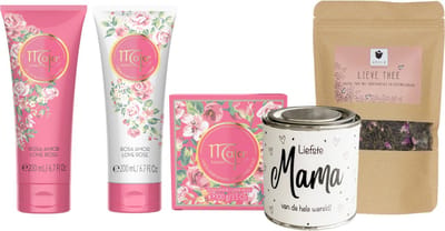 Maja Cadeauset Rose Love & Thee Mama - Maja Love Rose Soap 100g - Maja Love Rose Body Lotion 200ml - Maja Love Rose Shower Gel 200ml - ARELO Lieve Thee zakje