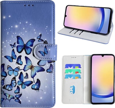 Hoesje geschikt voor Samsung Galaxy A25 Bookcase met Blauw vlinder print