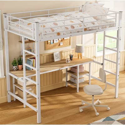 Wit metalen stapelbed met bureau en planken voor kinderen en tieners, 90x200 cm