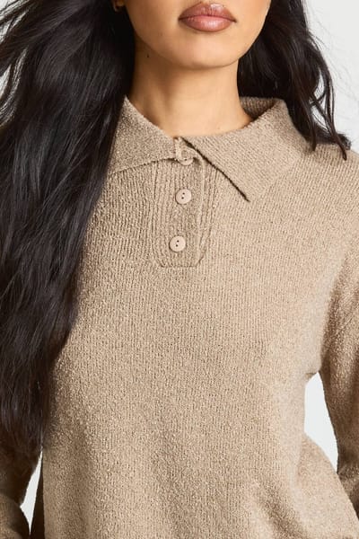 boohoo Dames Tall Gebreide Oversized Trui met Kraag en Knoopsluiting en Rechte Broek Co-Ord Set | Taupe | Maat: Small