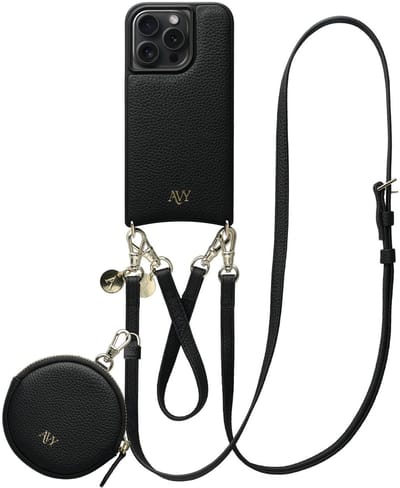 AVY Leren Hoesje geschikt voor Apple iPhone 14 Pro | Met Koord en Mini Telefoontasje | Compatibel met MagSafe | Leather Case met 30CM & 130CM Koord & Pouch | Leather Set | Zwart