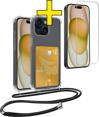 Hoesje Geschikt voor iPhone 15 Telefoonhoesje Met Koord Case Pashouder Met Screenprotector Siliconen - Hoes Geschikt voor iPhone 15 Hoesje Met Kaarthouder - Transparant