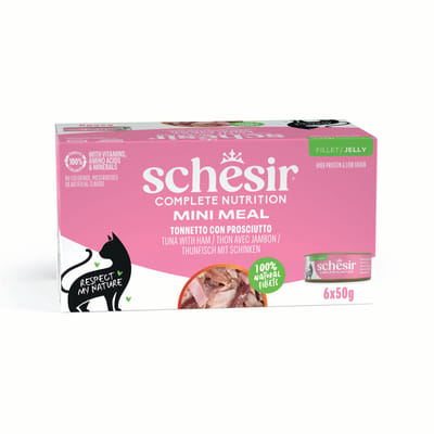 Voordeelverpakking 24x50g Schesir Complete Nutrition in gelei Tonijn met ham nat kattenvoer