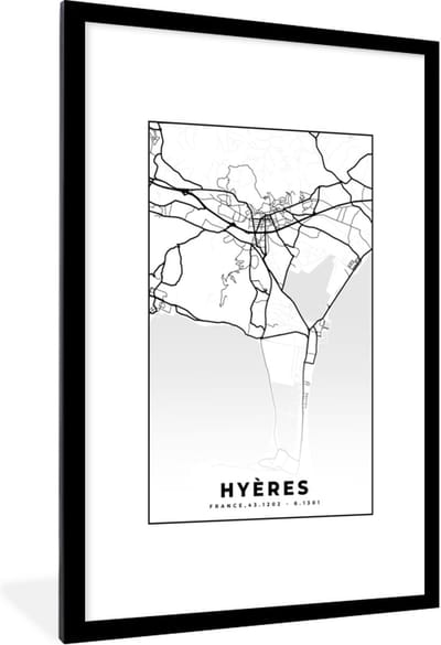 Fotolijst incl. Poster Zwart Wit- Frankrijk - Plattegrond - Hyères - Stadskaart - Kaart - Zwart wit - 80x120 cm - Posterlijst
