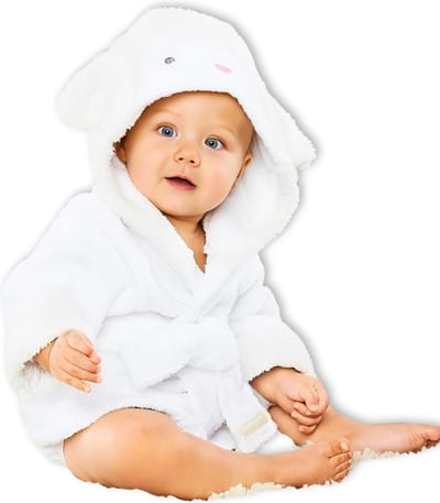 BoefieBoef Wit Schaap Kinder Badjas Baby & Peuter 0-2 Jaar (0-85 cm) – Zacht Katoen Badstof met Dieren Capuchon – Absorberende Ochtendjas Handdoek voor Jongen & Meisje – Zwemles, Carnaval, Verjaardag & Kraamcadeau – Perfect na Bad & Zwemmen