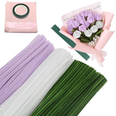 300 Stuks Pijpenragers voor Bloemenmaken - 30 cm Creatieve Knutselmaterialen met Bloemendraad, Bloementape en Struisvogelpapier in Groen, Wit en Paars