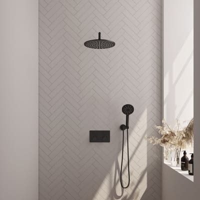 Brauer Black Edition thermostatische inbouw regendouche met drukknoppen SET 58 met 30 cm douchekop en gebogen muurarm en 3-standen handdouche en doucheslang en wandaansluitbocht mat zwart