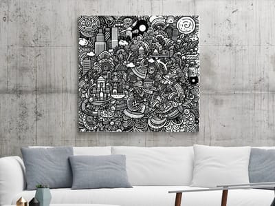 Doodle rotterdam schilderij | Rotterdamse skyline verstrikt in kleurrijke artistieke doodles, levendig kunstwerk | Kunst - 30x30 centimeter op Dibond | Foto op Dibond