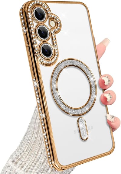 Magnetische Case Hoes Geschikt voor: Samsung Galaxy A25 [Compatibel met Magsafe] Sparkle Clear Glitter Luxe Schokbestendig Antislip Meisjes Vrouwen - Zachte TPU Cover - Goud