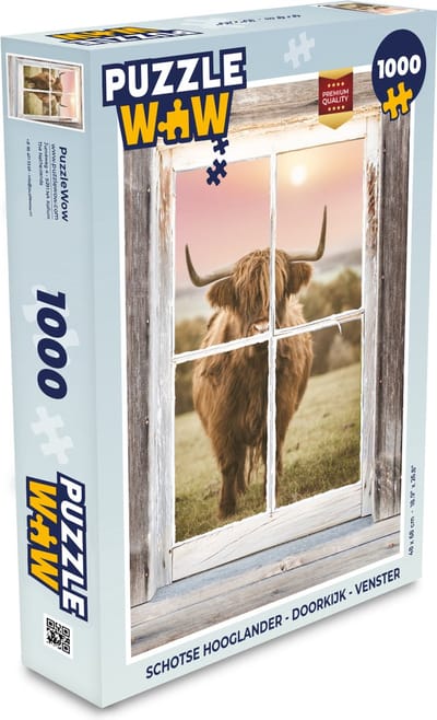 Puzzel Schotse hooglander - Doorkijk - Venster - Legpuzzel - Puzzel 1000 stukjes volwassenen