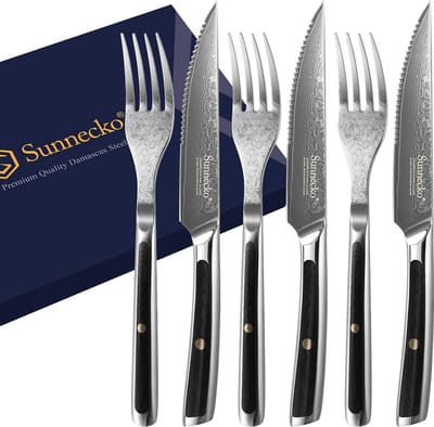 Steakbestekset, damaststeakmes en vork, 6-delige set, steakbestek met damaststaal, gekarteld mes, steakmessen, set met G10 handvat, grillbestek, tafelbestek met geschenkdoos