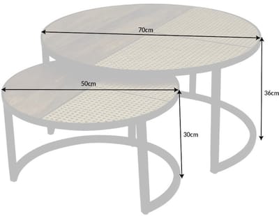 Set van 2 salontafels VIENNA LOUNGE 70cm rond massief mangohout Weens rieten metalen frame zwart - 40135