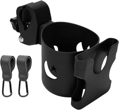 Allecto Plus - Bekerhouder voor kinderwagen met 2 haken en wandelwagen bevestiging in zwart - Handige accessoire voor onderweg