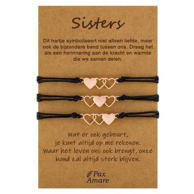 Vriendschapsarmbandjes voor 3 "Sisters" - Hartjes - BFF Armbandjes met Cadeau Kaartje - Rosé Goud & Zwart - Elastisch Verstelbaar - Pax Amare