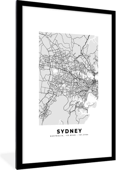 Fotolijst incl. Poster Zwart Wit- Sydney - Stadskaart - Plattegrond - Zwart Wit - Kaart - 80x120 cm - Posterlijst