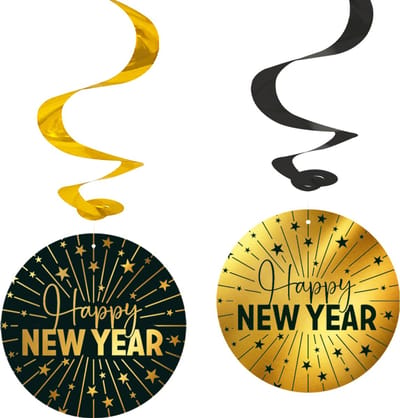4x Swirls 'Happy New Year' jaar zwart / goud - Golden Celebrations - Verjaardag Feestje Hangdecoratie Versiering Feestdecoratie Decoratie