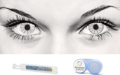 Partylens® witte kleurlenzen - White Spider - combi-set zachte jaarlenzen met vloeistof & lenshouder - Halloween - Cosplay