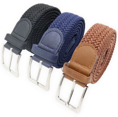 110 cm - Elastische broekriem Stretch riem Vlecht riem Gevlochten riem Elastiek riem - unisex - Kleur 1-Blauw 2-Cognac 3-Zwart 3 pack deal van JVS bags