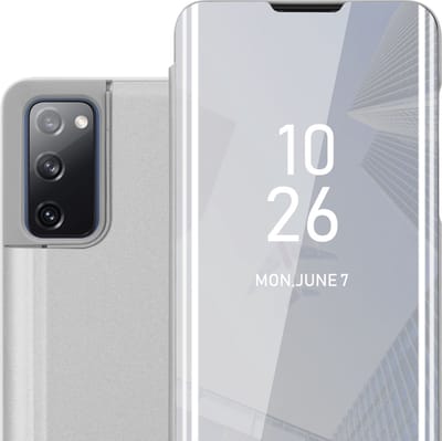Cadorabo Hoesje geschikt voor Samsung Galaxy S20 FE in AGAAT ZILVER - Clear View Spiegel Beschermende Case met Tribunefunctie 360 Graden Bescherming Book Case Cover Etui