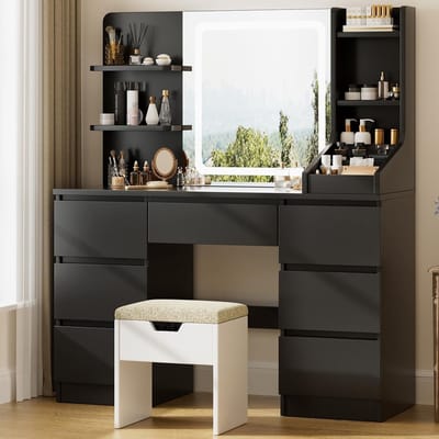 Kaptafel met Spiegel - Make-up tafel - Snel Klaarmaken - Instelbare LED Helderheid - 110 x 40 x 139 cm