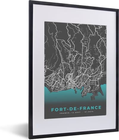 Fotolijst incl. Poster - Kaart – Stadskaart – Frankrijk - Fort-de-France - Plattegrond - 30x40 cm - Posterlijst