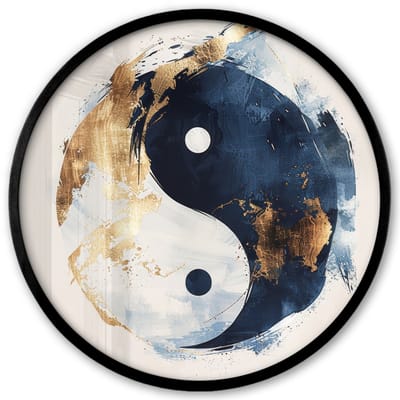 Poster in lijst Rond - Fotolijst 40x40 cm - Posters - Yin Yang - Abstract - Zwart - Wit - Goud - Ronde posterlijst zwart - Decoratie - Wanddecoratie woonkamer - Muurdecoratie slaapkamer