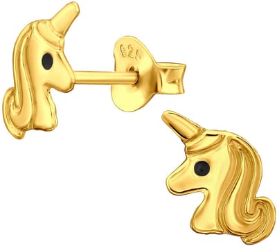 Joy|S - Zilveren eenhoorn oorbellen - 6 x 7 mm - unicorn oorknoppen - kinderoorbellen - gold plated - goudkleur