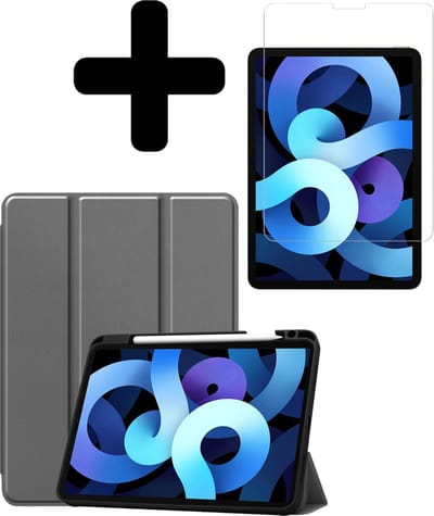 Hoesje - Geschikt voor Apple iPad Air 4 (2020) - 10.9 inch - 4e Generatie - Met Screenprotector - Trifold Bookcase Hoes - Hard Cover Case - Met Uitsparing Geschikt voor Apple Pencil - Hardcover Book - Tablethoes - Grijs