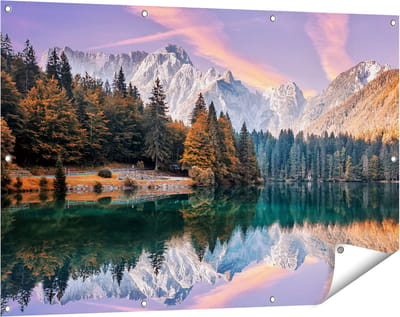 Gards Tuinposter Meer met Weerspiegeling van de Bergen - 120x80 cm - Tuindoek - Tuindecoratie - Wanddecoratie buiten - Tuinschilderij