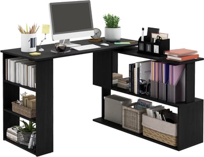 Zwart hoekbureau - 360 graden draaibaar bureau met 5 planken en opbergruimte - Voor werken en studeren - Hoekmodel 120x110x74,5 cm - Zwart