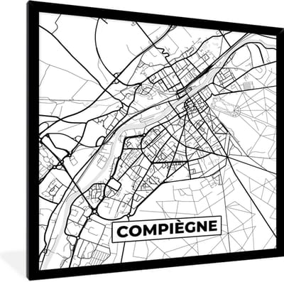 Fotolijst incl. Poster Zwart Wit- Compiègne - Kaart - Stadskaart - Frankrijk - Plattegrond - Zwart wit - 40x40 cm - Posterlijst