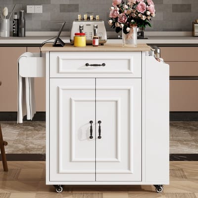 PHOEBE CAT Dressoir - Kookeiland - Keukentrolley - Opklapbaar tafelblad - Met lade - Planken - Wit + Natuurlijk