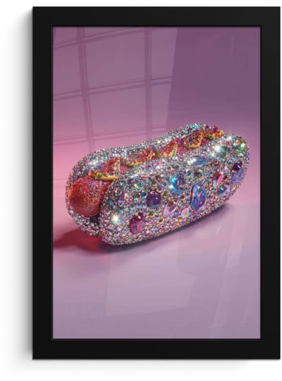 Poster in lijst - Fotolijst 20x30 cm - Posters - Hotdog - Steentjes - Glitters - Paars - Posterlijst zwart - Decoratie - Wanddecoratie woonkamer - Muurdecoratie slaapkamer