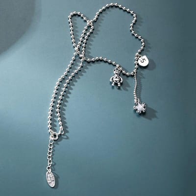 Collier thaïlandais en argent sterling 925 avec pendentif en forme d'ours et d'étoile en zircon, avec longue chaîne et pompon, pour femmes, bijoux cadeaux, S-N648 40cm add 5.5cm gray