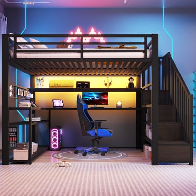 Hoogslaper 140x200 - Metalen hoogslaper met bureau - kledingkast en RGB-ledverlichting - trap met opbergruimte - zwart voor kleine kamer