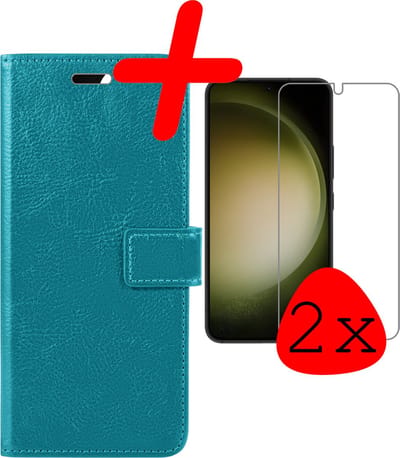 Hoesje Met 2x Screenprotector - Geschikt voor Samsung Galaxy S23 - Luxe Pasjeshouder - Bookcase Portemonee - Flip Case - Kunstleer Book Case - Flipcase Hoes - Book Cover - Walletcase - Portemonneehoes - Turquoise