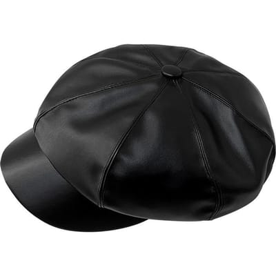 Hiver Style Coréen Étudiant Mignon Polyvalent Pu Style Britannique Chapeau Octogonal Chapeau Citrouille Béret en Cuir Coréen Femmes black