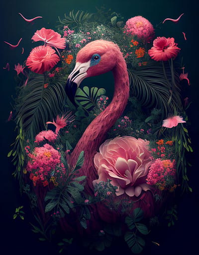 AI - Woondecoratie - Poster - Dieren - Flamingo - Bloemen en jungle - 28 - 30 x 40 cm