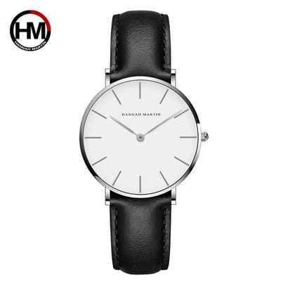 HANNAH MARTIN horloge met zwarte lederen polsband, witte wijzerplaat, zilveren horlogekast en zilveren wijzers voor dames met stijl ( model CB36 YH )