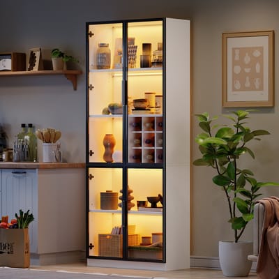 REDOM Buffetkast 80 x 35 x 200 cm van spaanplaat en glas met aluminium frame, glazen deuren, LED en wijnvak