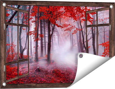 Gards Tuinposter Doorkijk Rood Bos met Bomen - 60x40 cm - Tuindoek - Tuindecoratie - Wanddecoratie buiten - Tuinschilderij