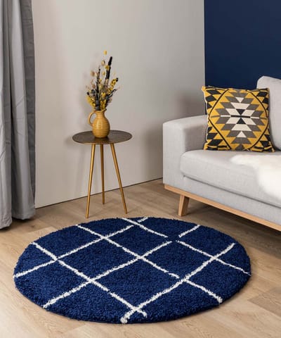 Rond hoogpolig vloerkleed ruiten Artisan - marineblauw/wit 240
