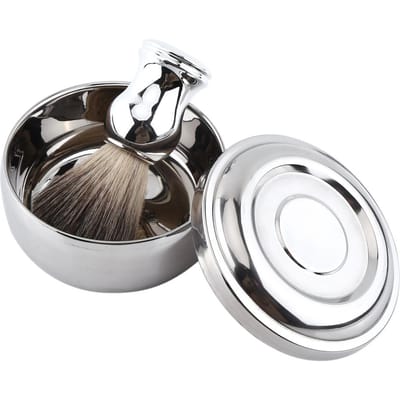 Bol à Mousse à Raser en Alliage avec Couvercle Manche Argenté Pinceau en Faux Poils de Blaireau Kit d'Outils de Rasage pour Homme