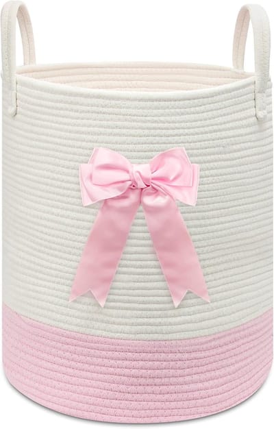 SnelShoppen - Roze Wasmand met Strik, Geweven Touw Speelgoedopbergmand voor Kinderen, Baby Kleding Mand, Kinderkamer en Badkamer Dekens Organizer Deco