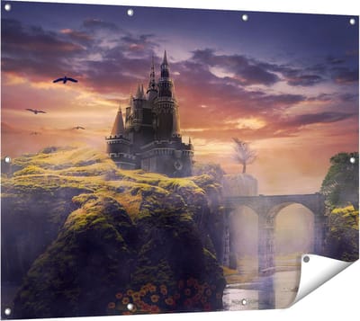 Gards Tuinposter Oud Kasteel op een Heuvel - 120x90 cm - Tuindoek - Tuindecoratie - Wanddecoratie buiten - Tuinschilderij