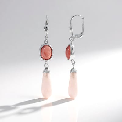 Cavill - Zilveren Oorbellen - 925 Sterling Zilver - 9,34 ct Roze Kwarts Fancy Slijpsel & Rhodochrosiet Cabochon - Elegante 45 mm Sieraden